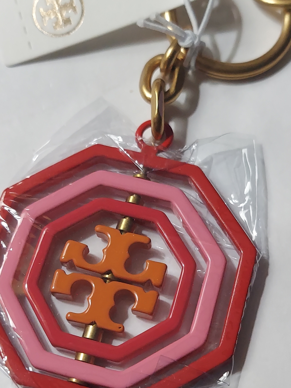 Tory Burch Red And Pink Enamel Octagon Key Fob - Picture 3 of 3